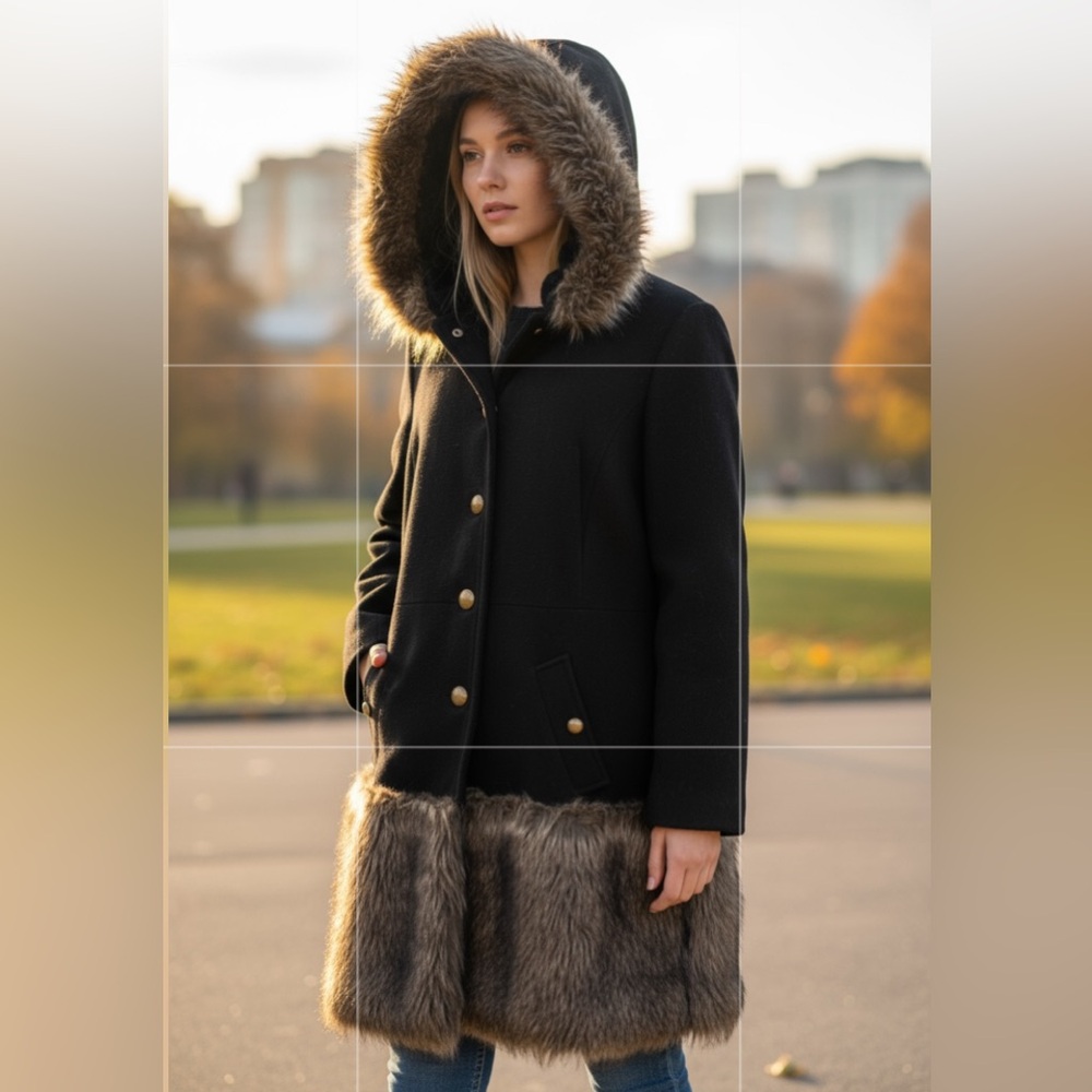Roaman's Black Faux Fur Trim Coat